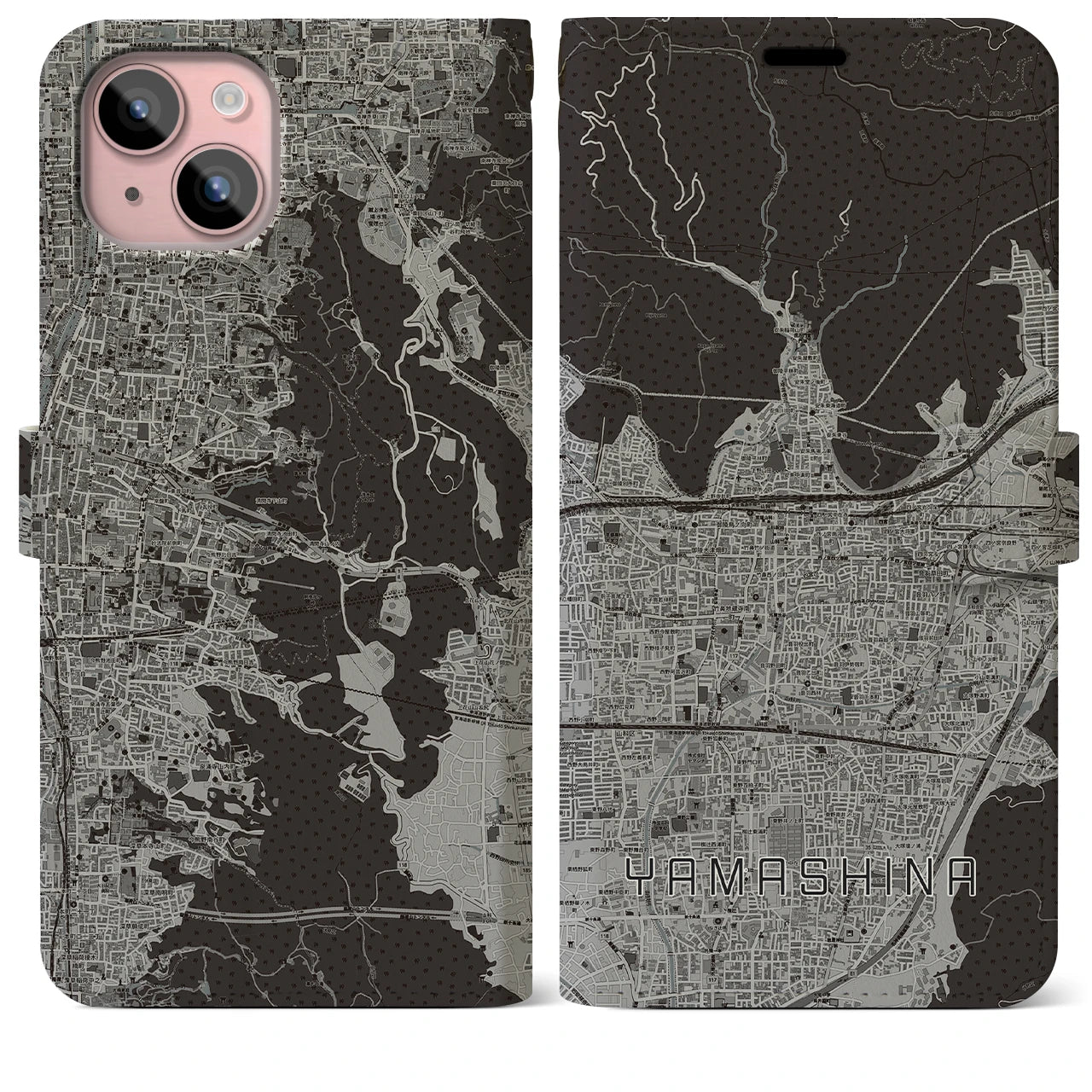 【山科(京都府)】地図柄iPhoneケース(手帳タイプ)モノトーン・iPhone 15 Plus 用