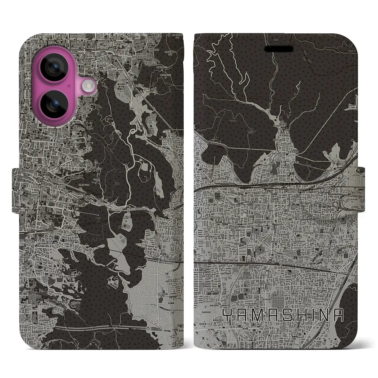 【山科(京都府)】地図柄iPhoneケース(手帳タイプ)モノトーン・iPhone 16 Pro 用