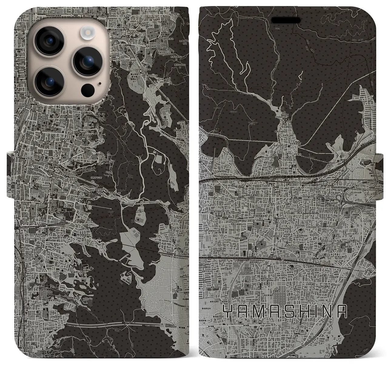 【山科(京都府)】地図柄iPhoneケース(手帳タイプ)モノトーン・iPhone 16 Plus 用