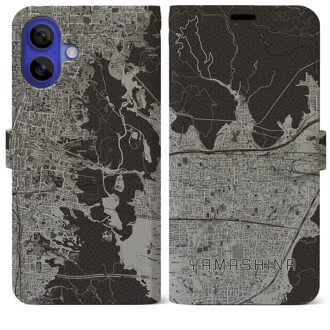 【山科(京都府)】地図柄iPhoneケース(手帳タイプ)モノトーン・iPhone 16 Pro Max 用