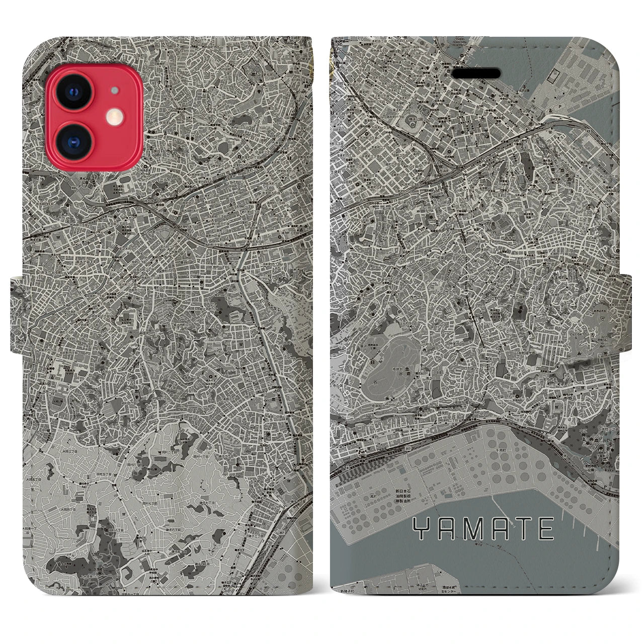 【山手(神奈川県)】地図柄iPhoneケース(手帳タイプ)モノトーン・iPhone 11 用