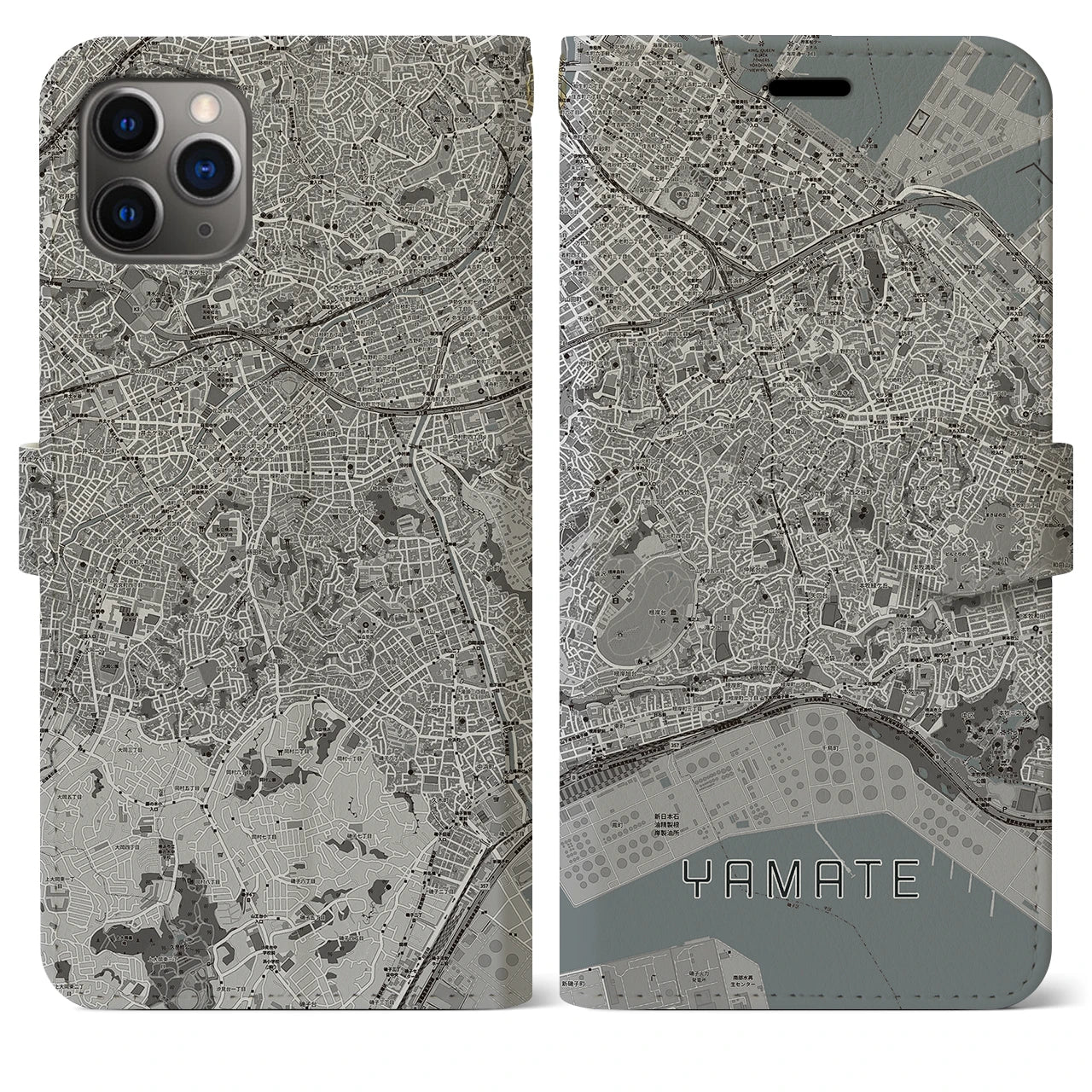 【山手(神奈川県)】地図柄iPhoneケース(手帳タイプ)モノトーン・iPhone 11 Pro Max 用