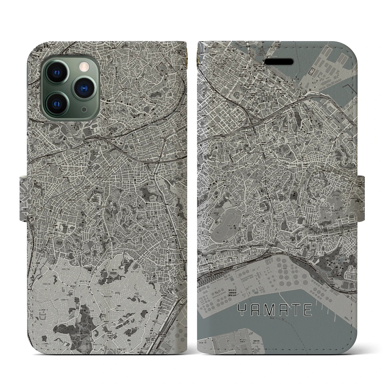【山手(神奈川県)】地図柄iPhoneケース(手帳タイプ)モノトーン・iPhone 11 Pro 用