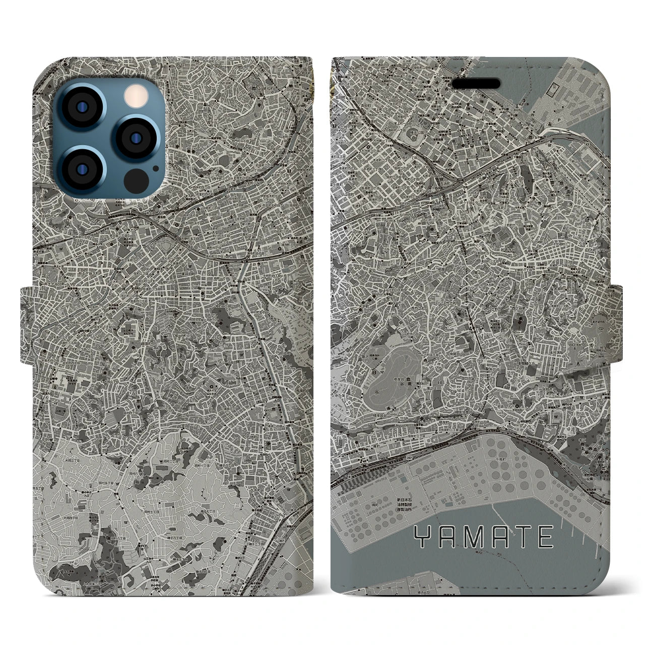 【山手(神奈川県)】地図柄iPhoneケース(手帳タイプ)モノトーン・iPhone 12 / 12 Pro 用