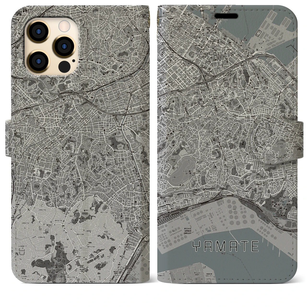 【山手(神奈川県)】地図柄iPhoneケース(手帳タイプ)モノトーン・iPhone 12 Pro Max 用