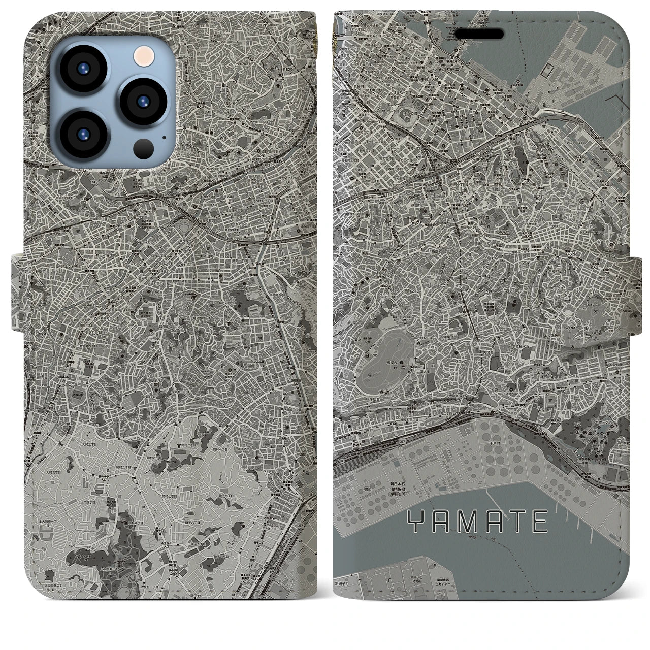【山手(神奈川県)】地図柄iPhoneケース(手帳タイプ)モノトーン・iPhone 13 Pro Max 用