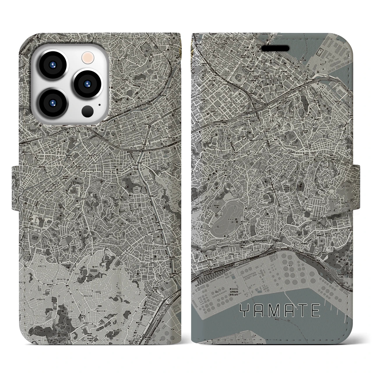 【山手(神奈川県)】地図柄iPhoneケース(手帳タイプ)モノトーン・iPhone 13 Pro 用