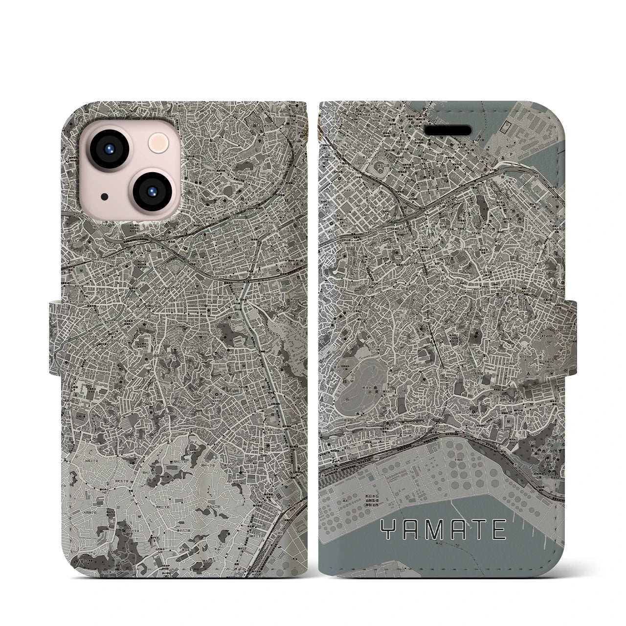 【山手(神奈川県)】地図柄iPhoneケース(手帳タイプ)モノトーン・iPhone 13 mini 用