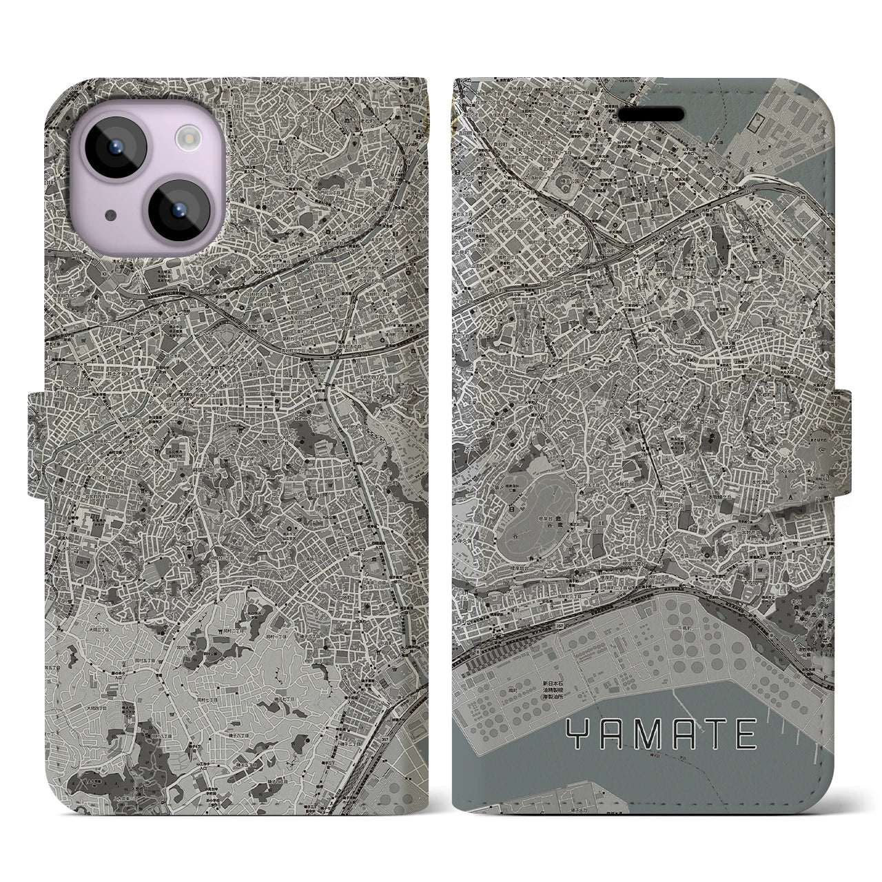 【山手(神奈川県)】地図柄iPhoneケース(手帳タイプ)モノトーン・iPhone 14 用