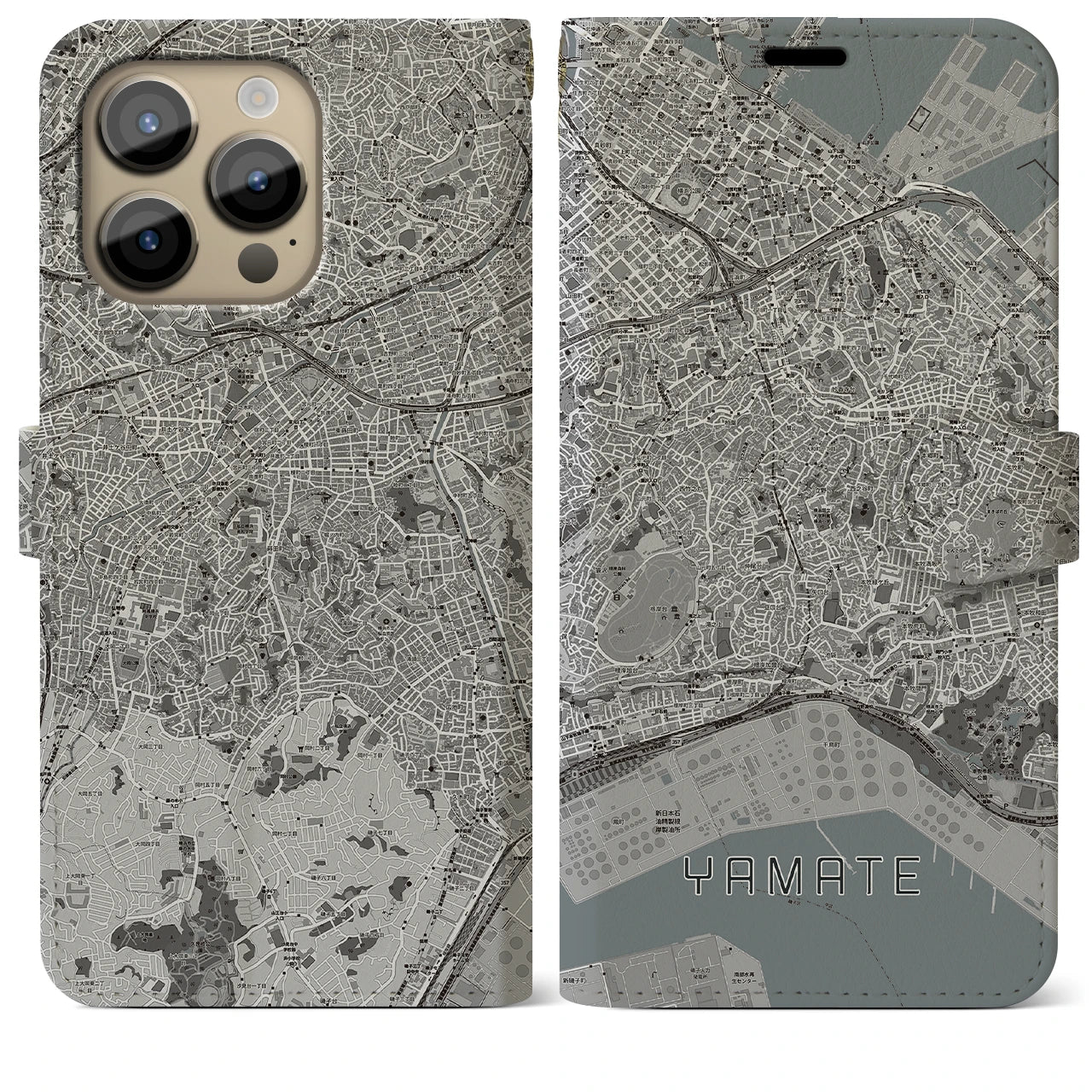 【山手(神奈川県)】地図柄iPhoneケース(手帳タイプ)モノトーン・iPhone 14 Pro Max 用