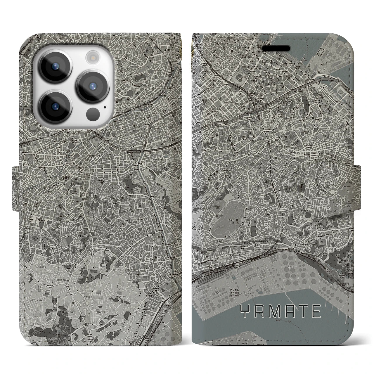 【山手(神奈川県)】地図柄iPhoneケース(手帳タイプ)モノトーン・iPhone 14 Pro 用