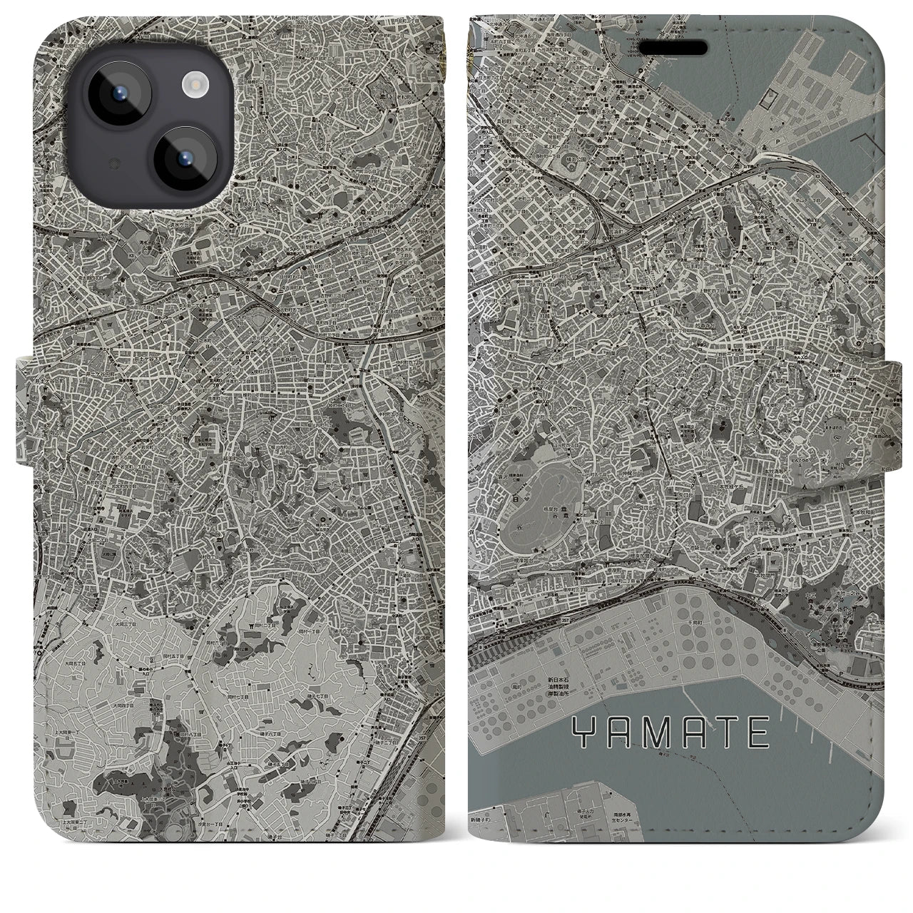 【山手(神奈川県)】地図柄iPhoneケース(手帳タイプ)モノトーン・iPhone 14 Plus 用