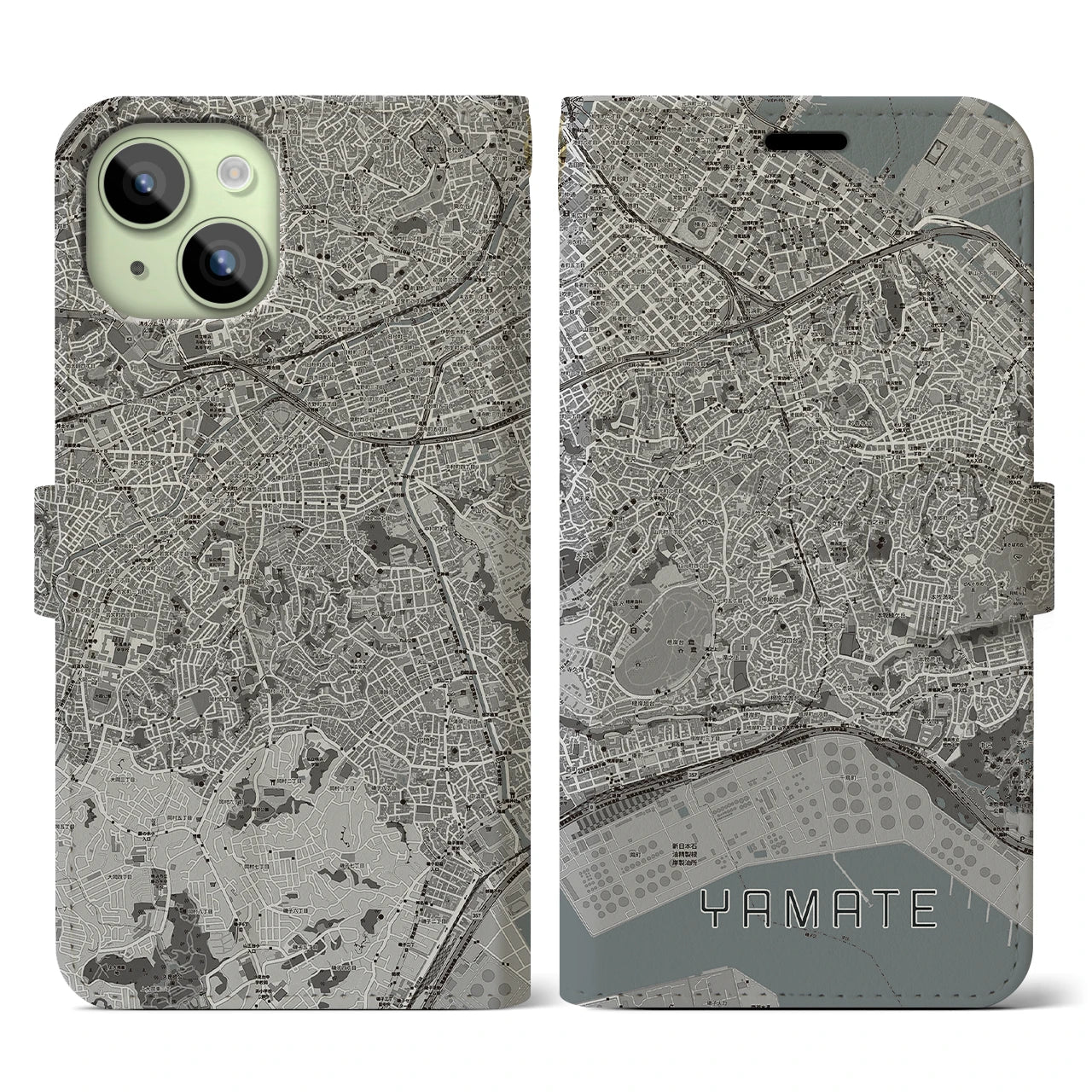 【山手(神奈川県)】地図柄iPhoneケース(手帳タイプ)モノトーン・iPhone 15 用