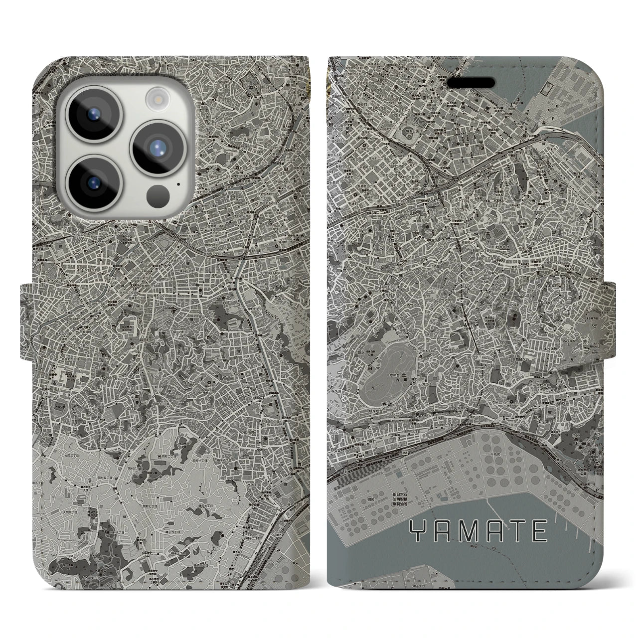 【山手(神奈川県)】地図柄iPhoneケース(手帳タイプ)モノトーン・iPhone 15 Pro 用