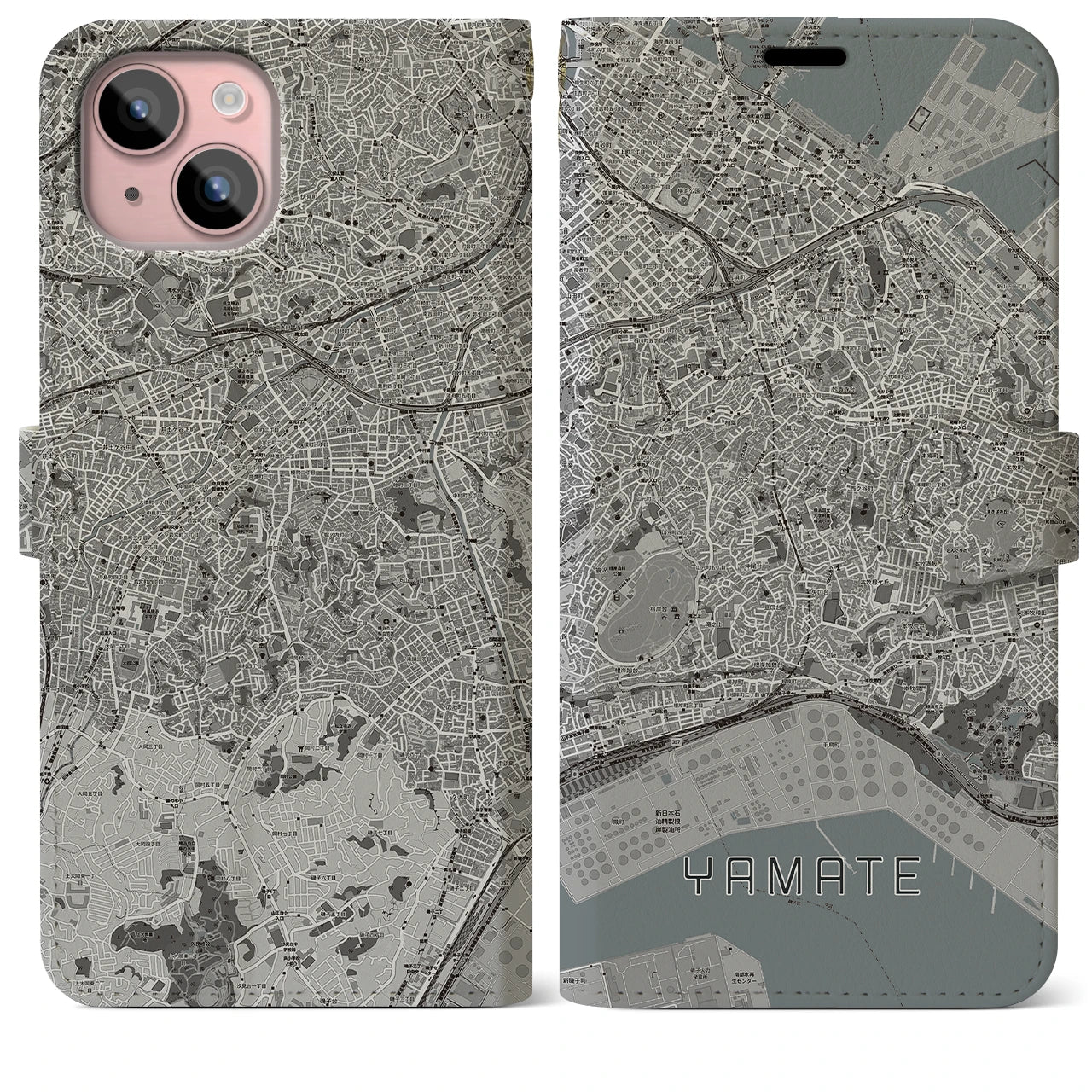 【山手(神奈川県)】地図柄iPhoneケース(手帳タイプ)モノトーン・iPhone 15 Plus 用
