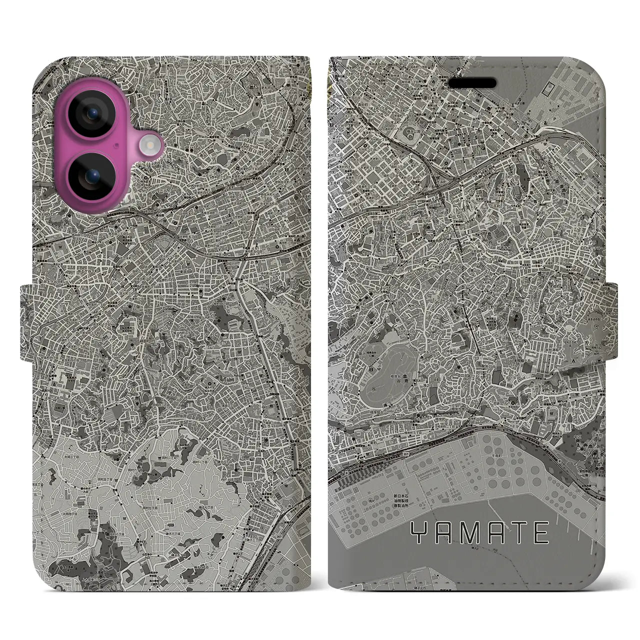 【山手(神奈川県)】地図柄iPhoneケース(手帳タイプ)モノトーン・iPhone 16 Pro 用