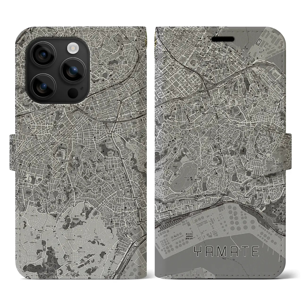 【山手(神奈川県)】地図柄iPhoneケース(手帳タイプ)モノトーン・iPhone 16 用