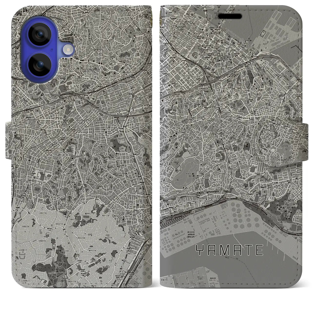 【山手(神奈川県)】地図柄iPhoneケース(手帳タイプ)モノトーン・iPhone 16 Pro Max 用