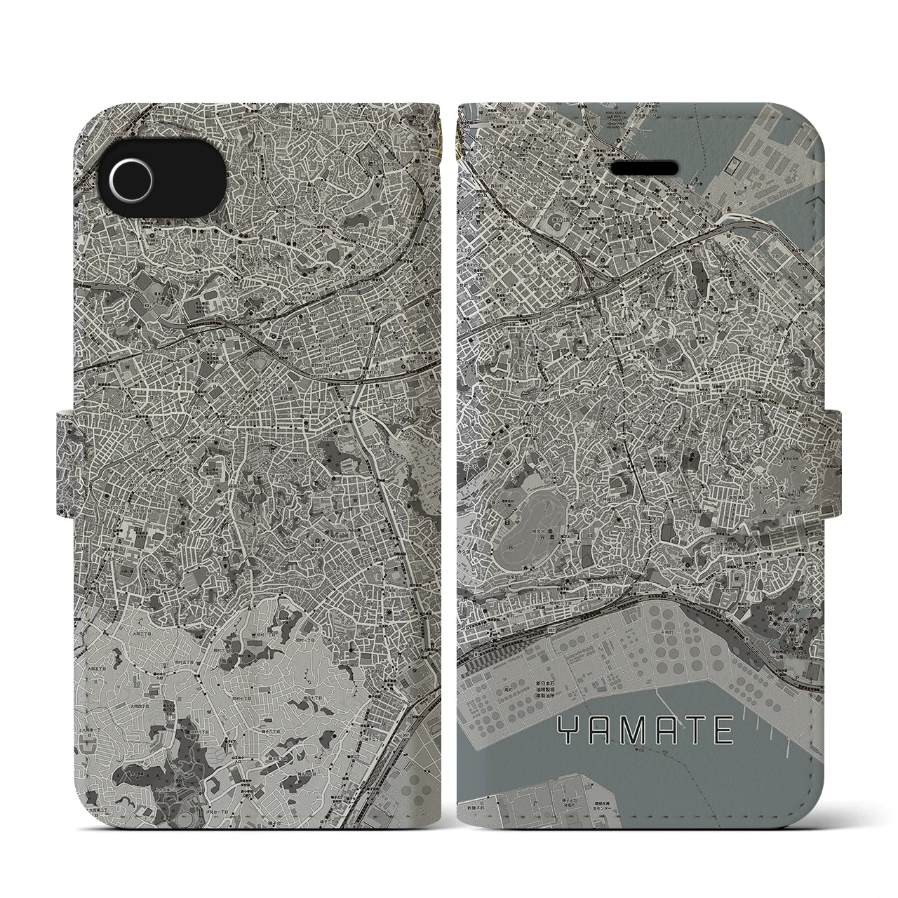 【山手(神奈川県)】地図柄iPhoneケース(手帳タイプ)モノトーン・iPhone SE(第3 / 第2世代) / 8 / 7 / 6s / 6 用