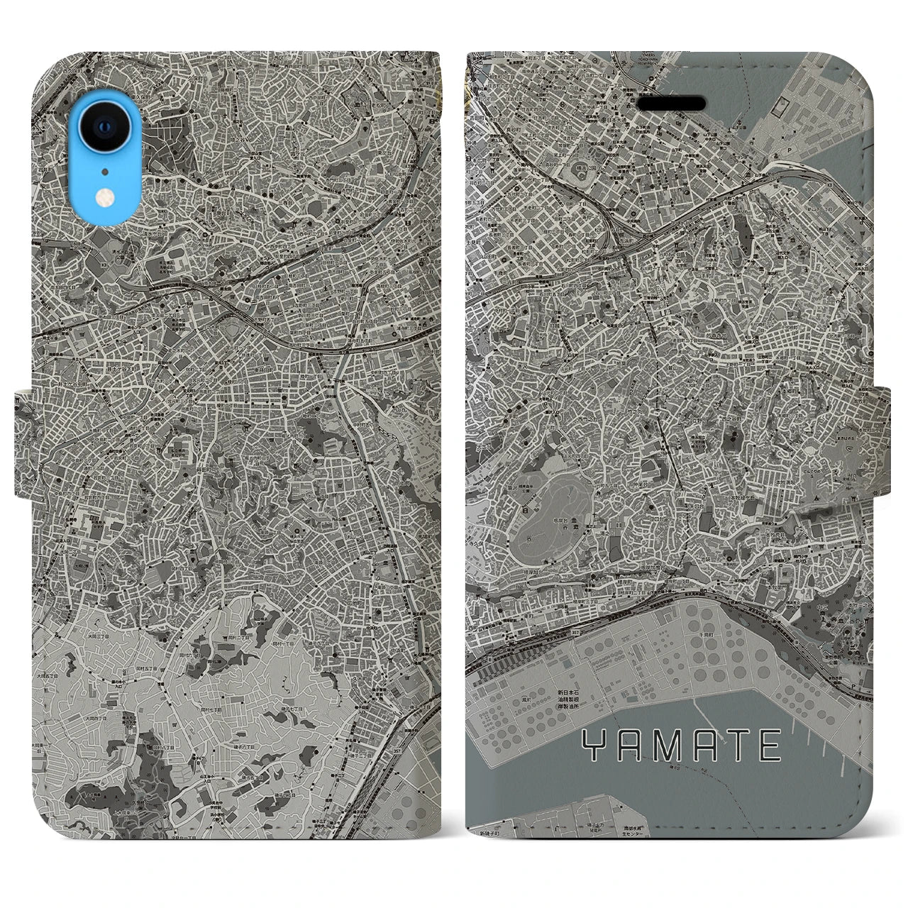 【山手(神奈川県)】地図柄iPhoneケース(手帳タイプ)モノトーン・iPhone XR 用