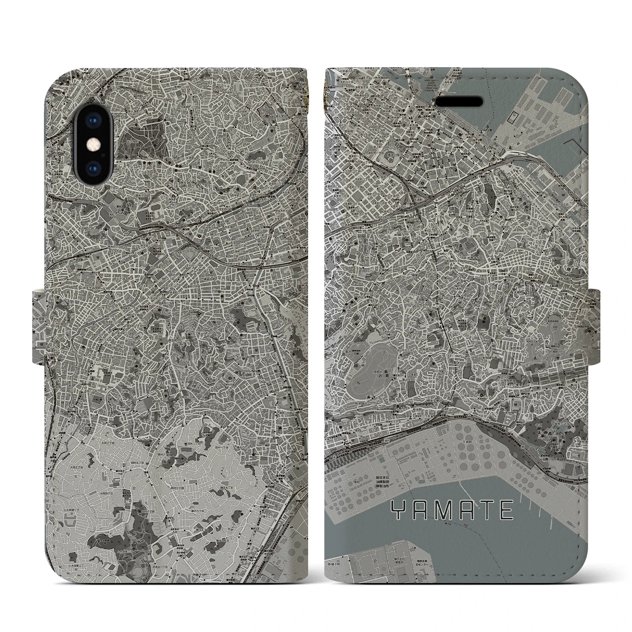 【山手(神奈川県)】地図柄iPhoneケース(手帳タイプ)モノトーン・iPhone XS / X 用