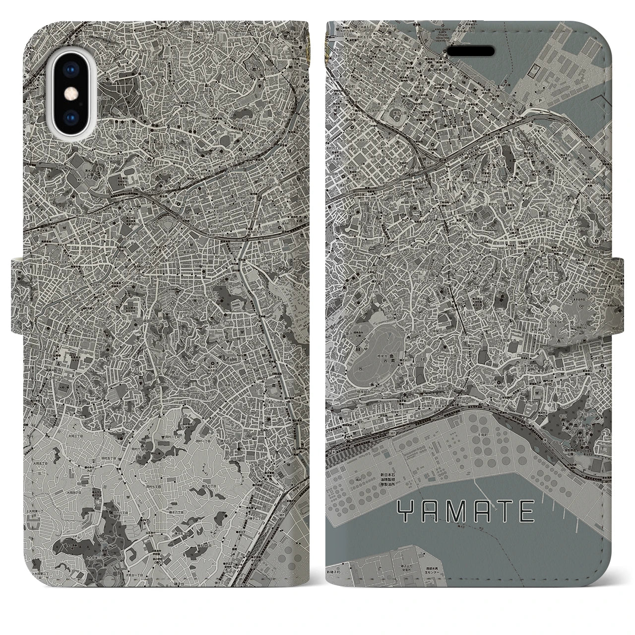 【山手(神奈川県)】地図柄iPhoneケース(手帳タイプ)モノトーン・iPhone XS Max 用