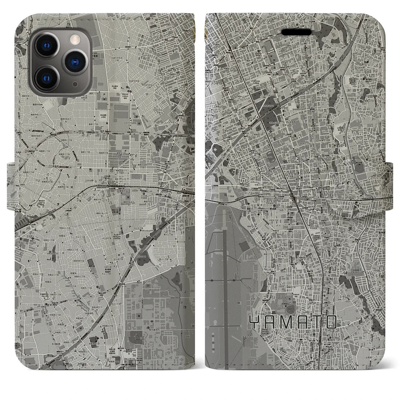 【大和(神奈川県)】地図柄iPhoneケース(手帳タイプ)モノトーン・iPhone 11 Pro Max 用