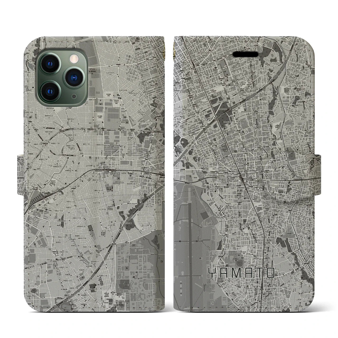 【大和(神奈川県)】地図柄iPhoneケース(手帳タイプ)モノトーン・iPhone 11 Pro 用