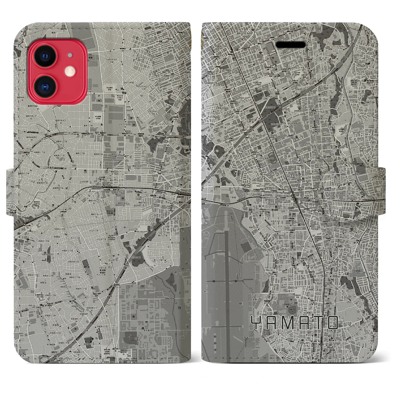 【大和(神奈川県)】地図柄iPhoneケース(手帳タイプ)モノトーン・iPhone 11 用