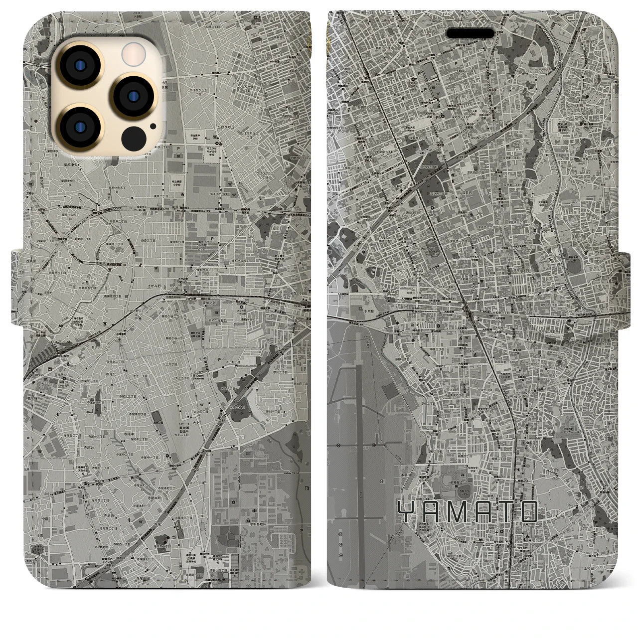 【大和(神奈川県)】地図柄iPhoneケース(手帳タイプ)モノトーン・iPhone 12 Pro Max 用