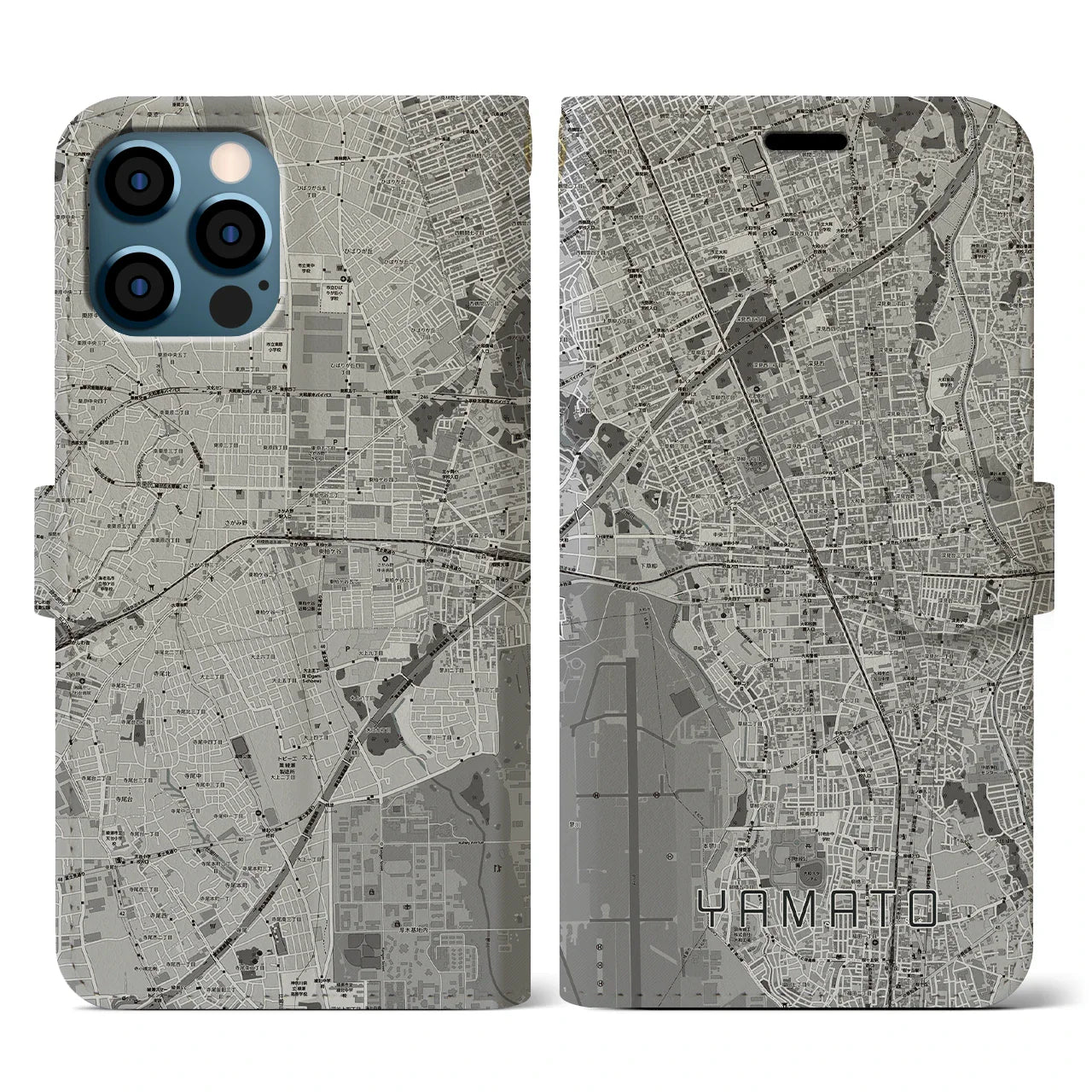 【大和(神奈川県)】地図柄iPhoneケース(手帳タイプ)モノトーン・iPhone 12 / 12 Pro 用
