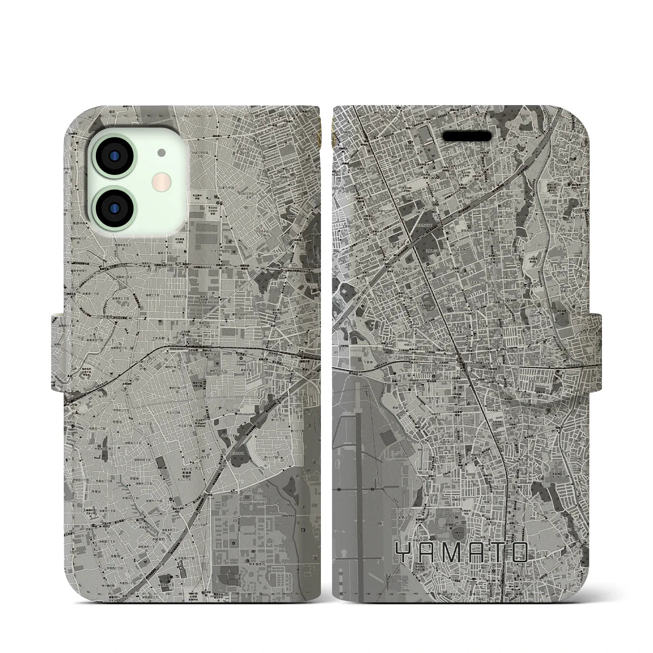 【大和(神奈川県)】地図柄iPhoneケース(手帳タイプ)モノトーン・iPhone 12 mini 用