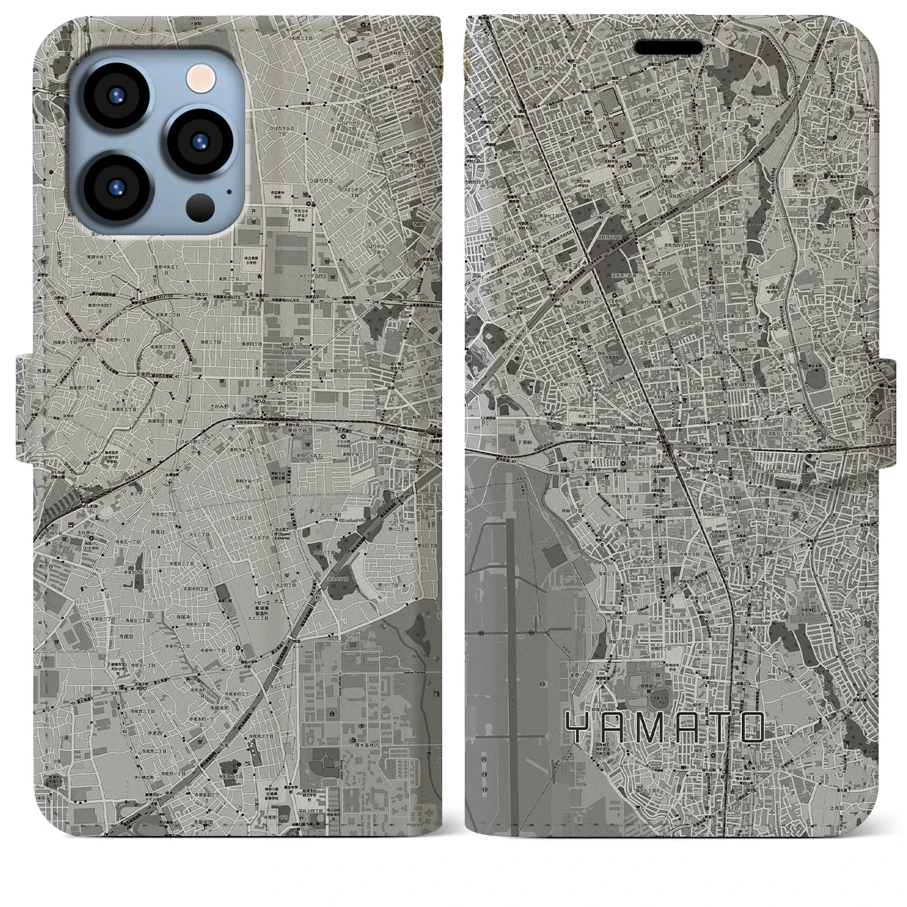 【大和(神奈川県)】地図柄iPhoneケース(手帳タイプ)モノトーン・iPhone 13 Pro Max 用