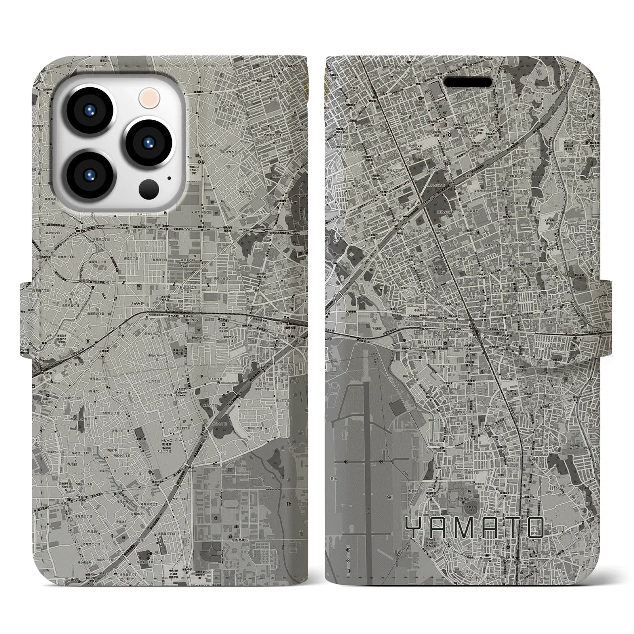 【大和(神奈川県)】地図柄iPhoneケース(手帳タイプ)モノトーン・iPhone 13 Pro 用