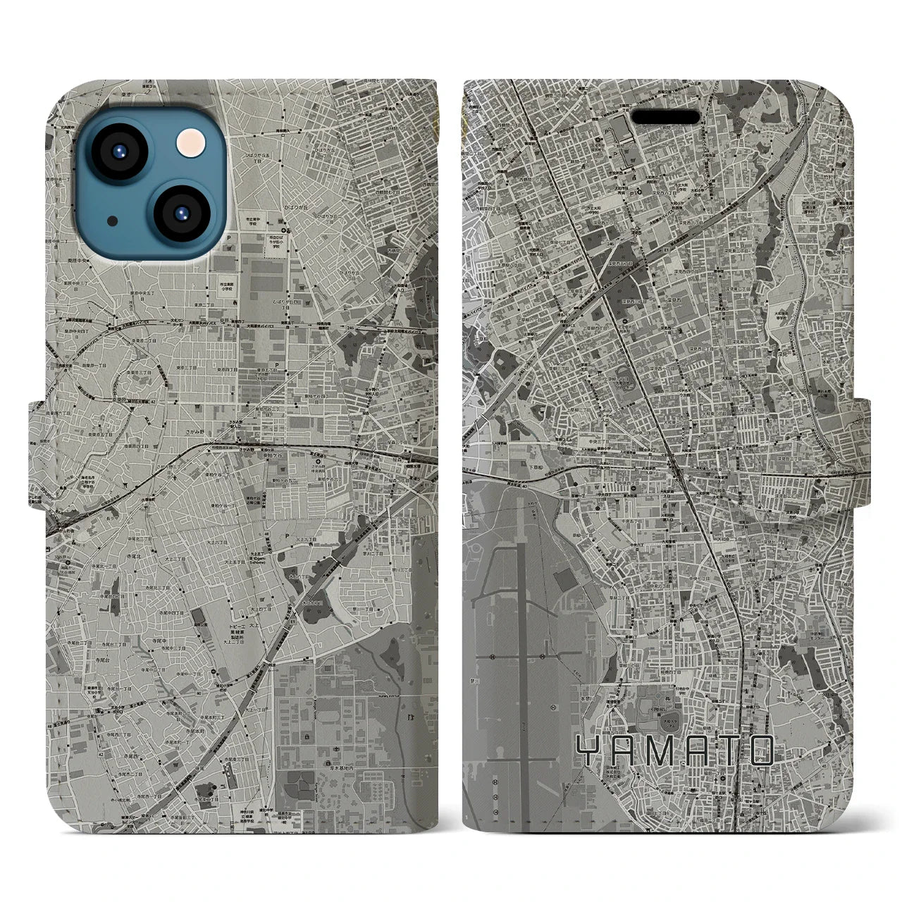 【大和(神奈川県)】地図柄iPhoneケース(手帳タイプ)モノトーン・iPhone 13 用