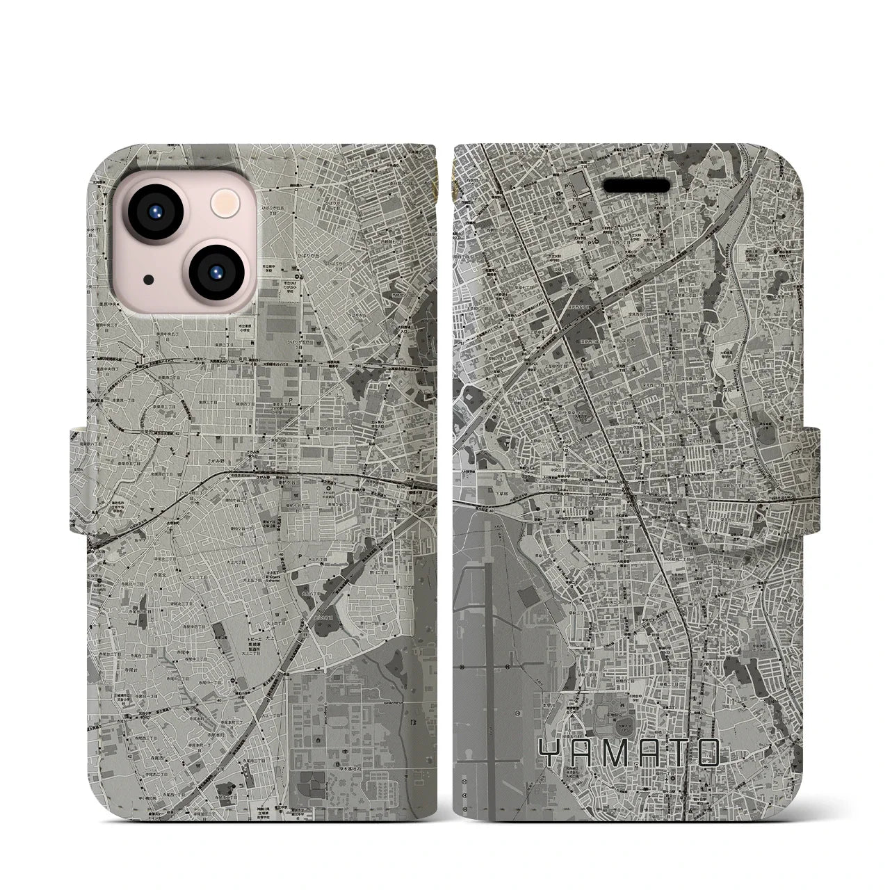 【大和(神奈川県)】地図柄iPhoneケース(手帳タイプ)モノトーン・iPhone 13 mini 用