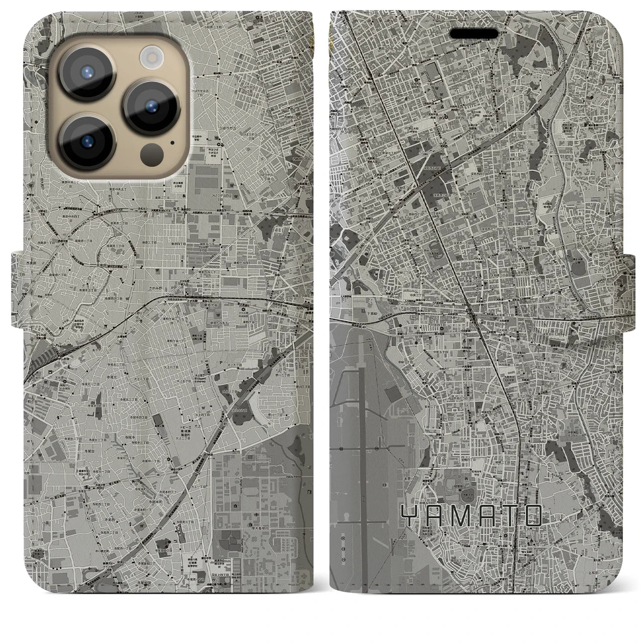 【大和(神奈川県)】地図柄iPhoneケース(手帳タイプ)モノトーン・iPhone 14 Pro Max 用