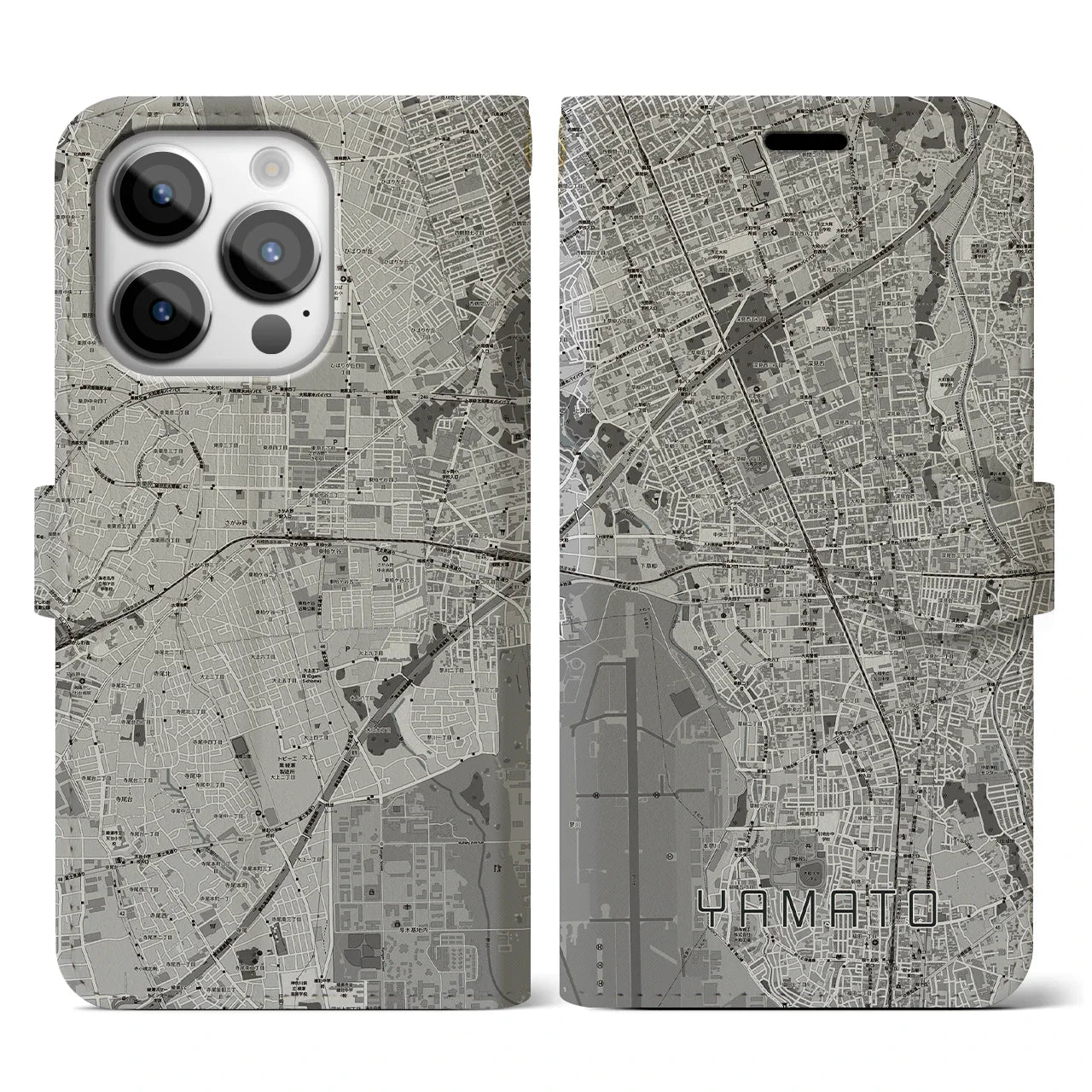 【大和(神奈川県)】地図柄iPhoneケース(手帳タイプ)モノトーン・iPhone 14 Pro 用