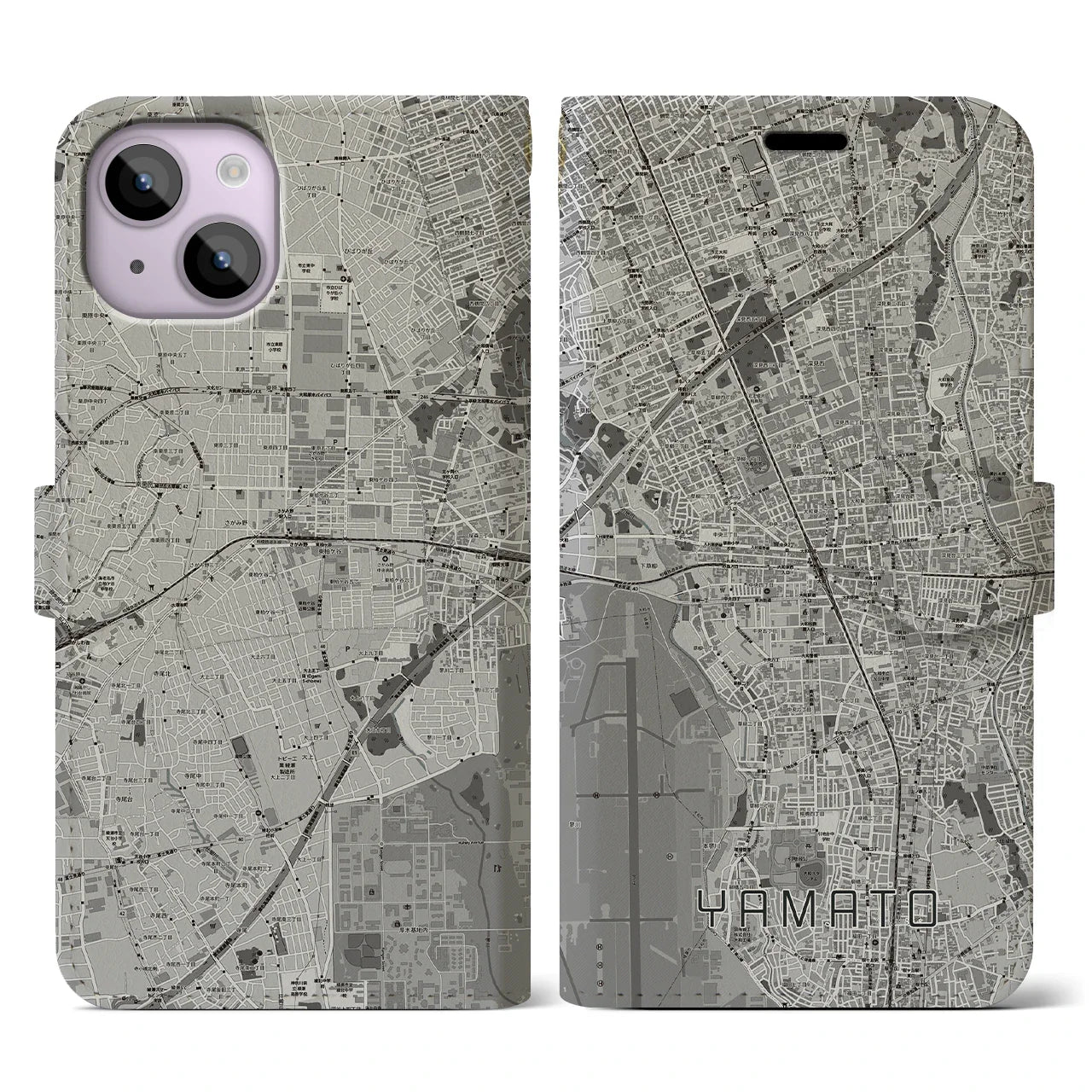 【大和(神奈川県)】地図柄iPhoneケース(手帳タイプ)モノトーン・iPhone 14 用