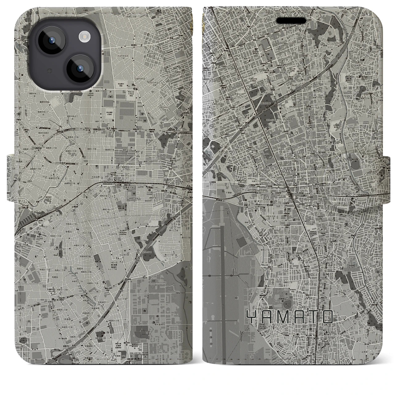 【大和(神奈川県)】地図柄iPhoneケース(手帳タイプ)モノトーン・iPhone 14 Plus 用