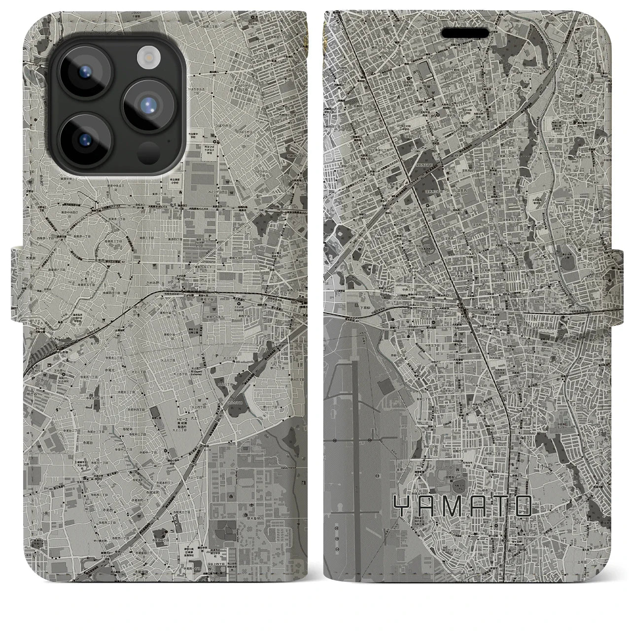 【大和(神奈川県)】地図柄iPhoneケース(手帳タイプ)モノトーン・iPhone 15 Pro Max 用