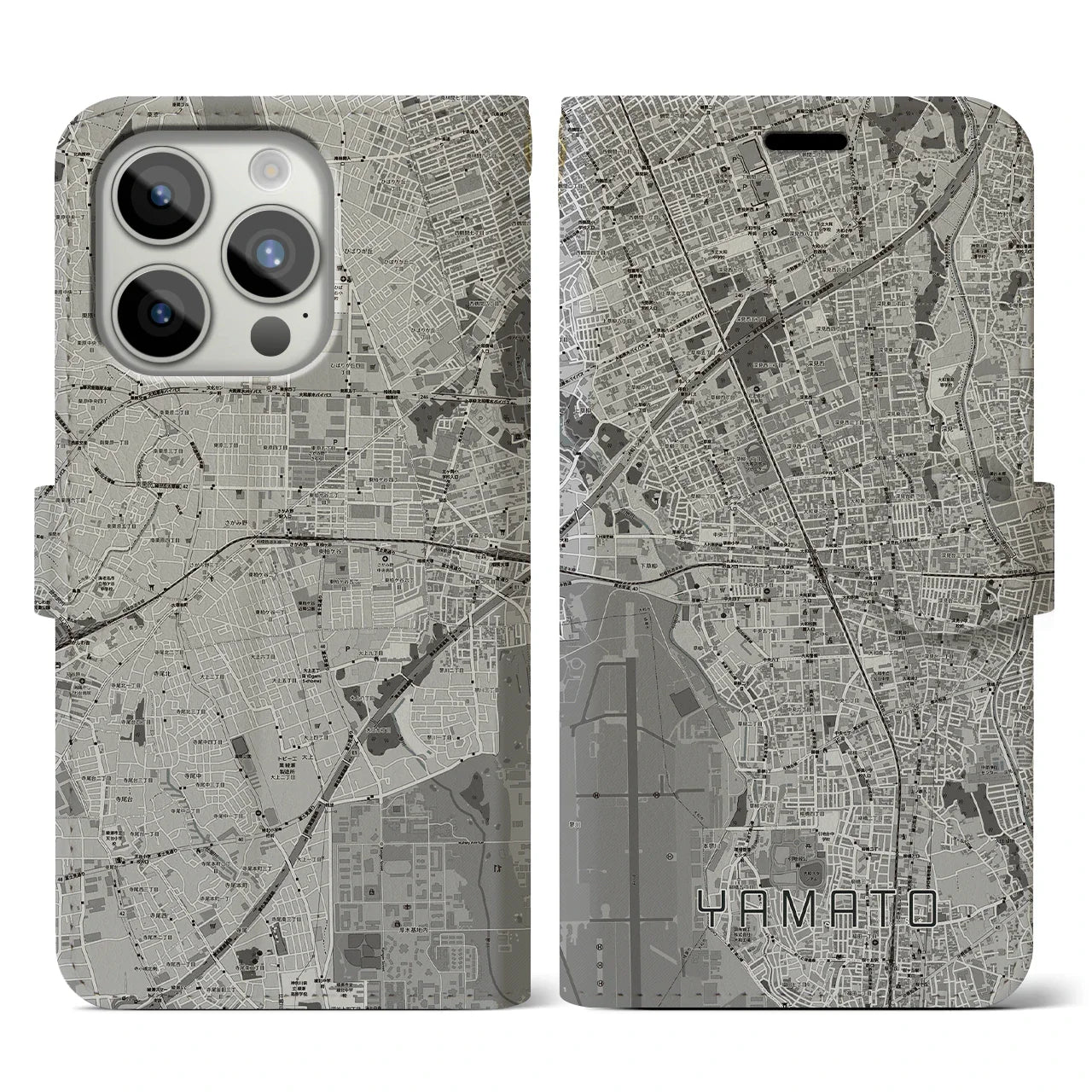 【大和(神奈川県)】地図柄iPhoneケース(手帳タイプ)モノトーン・iPhone 15 Pro 用