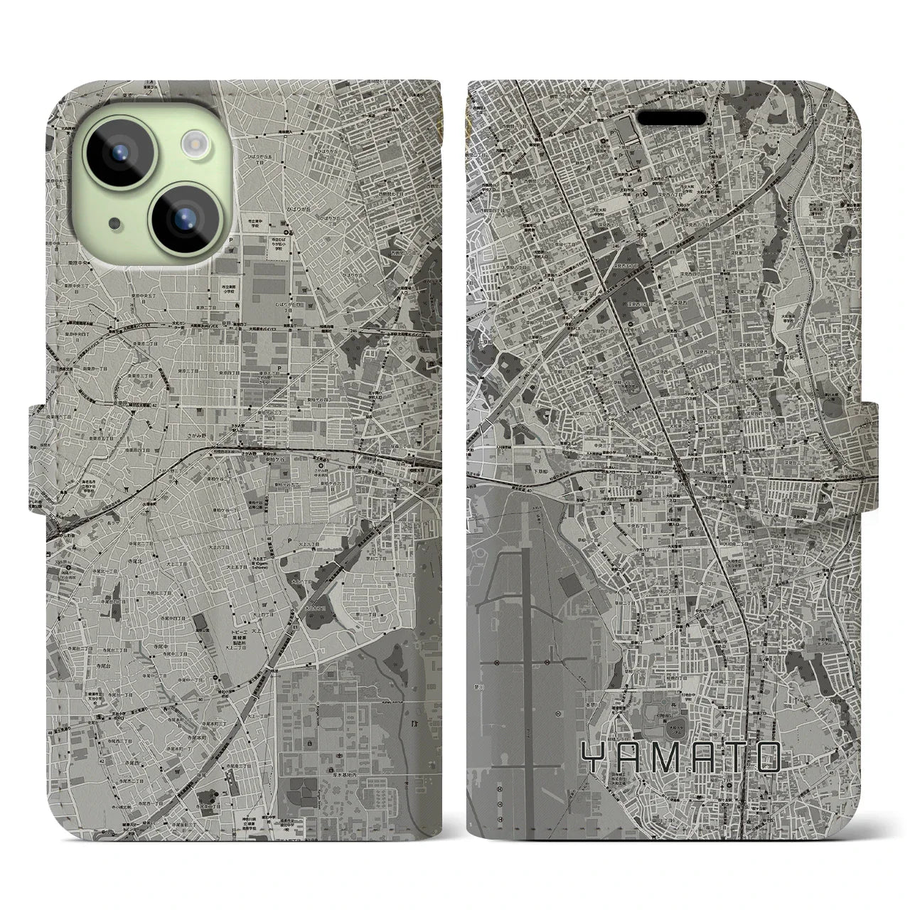 【大和(神奈川県)】地図柄iPhoneケース(手帳タイプ)モノトーン・iPhone 15 用