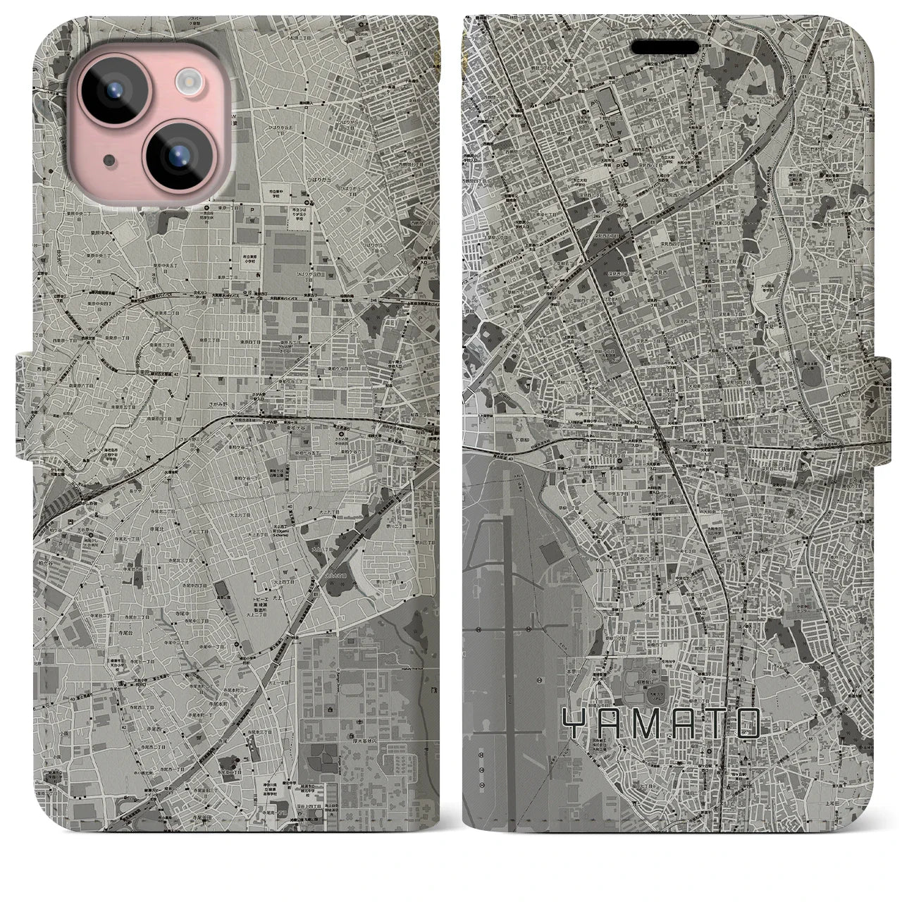 【大和(神奈川県)】地図柄iPhoneケース(手帳タイプ)モノトーン・iPhone 15 Plus 用