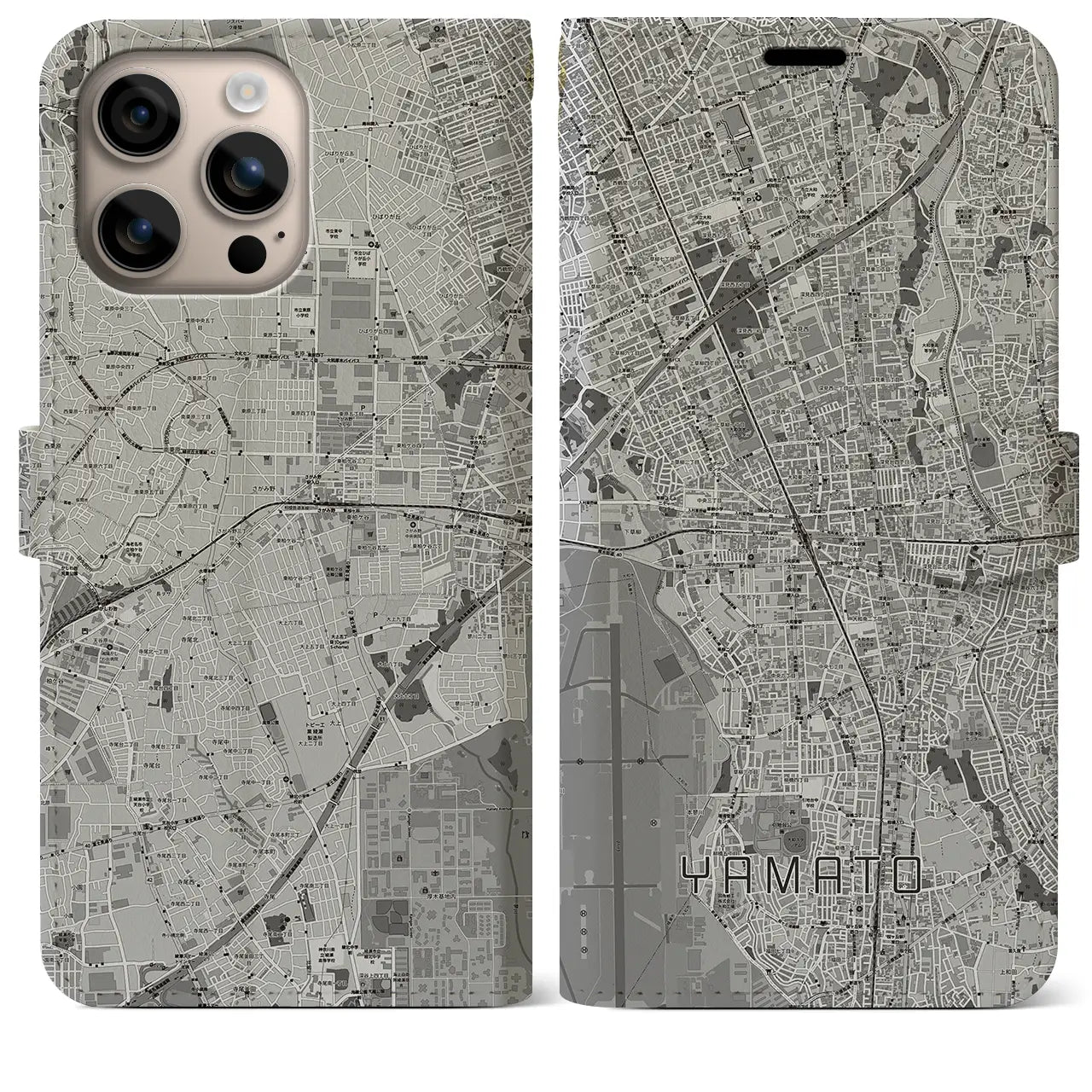 【大和(神奈川県)】地図柄iPhoneケース(手帳タイプ)モノトーン・iPhone 16 Plus 用