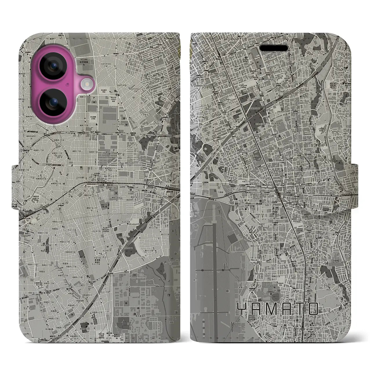 【大和(神奈川県)】地図柄iPhoneケース(手帳タイプ)モノトーン・iPhone 16 Pro 用