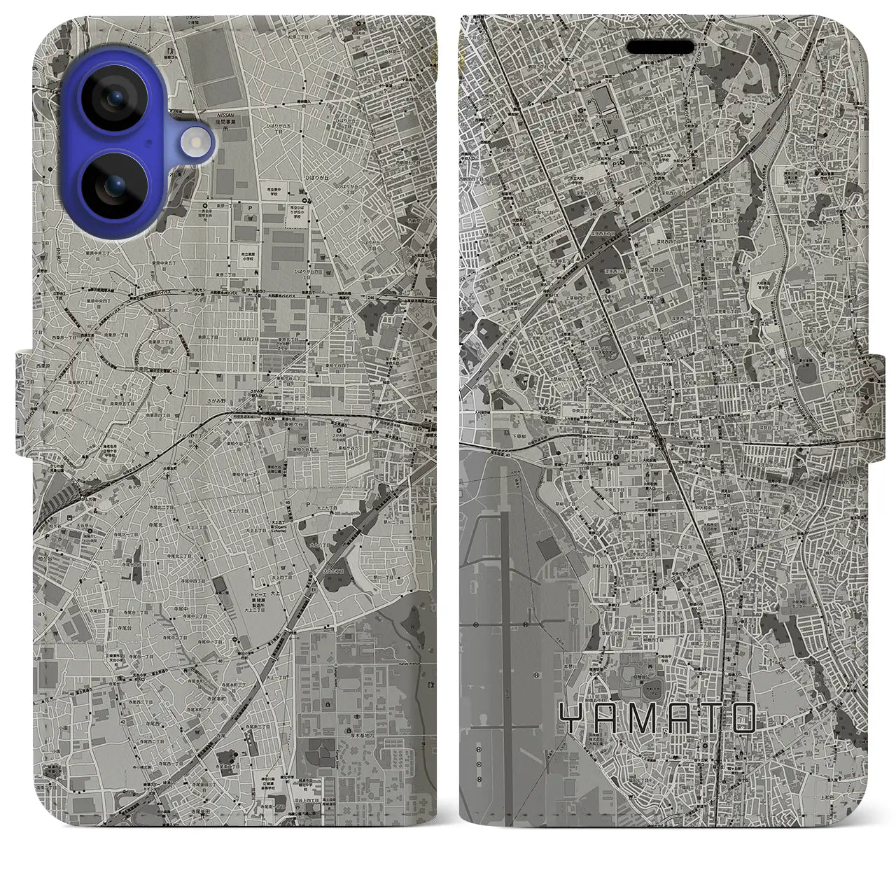 【大和(神奈川県)】地図柄iPhoneケース(手帳タイプ)モノトーン・iPhone 16 Pro Max 用