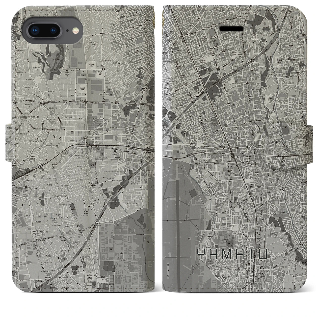 【大和(神奈川県)】地図柄iPhoneケース(手帳タイプ)モノトーン・iPhone 8Plus /7Plus / 6sPlus / 6Plus 用