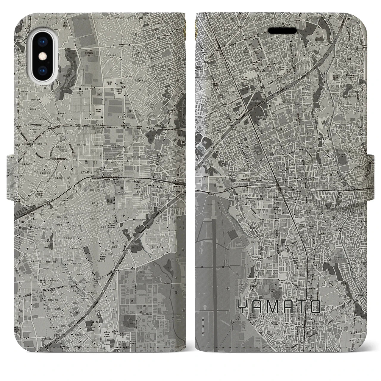 【大和(神奈川県)】地図柄iPhoneケース(手帳タイプ)モノトーン・iPhone XS Max 用