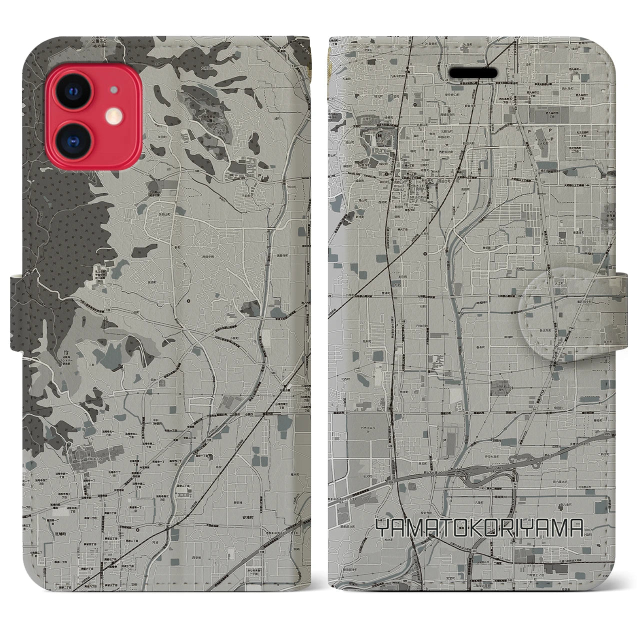 【大和郡山(奈良県)】地図柄iPhoneケース(手帳タイプ)モノトーン・iPhone 11 用